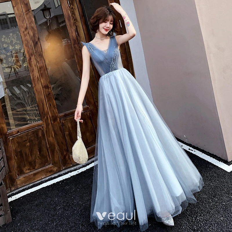 Elegant Pool Blue Evening Dresses 2019 A Line Princess V Neck Beading Crystal Sleeveless Backless Floor Length Long Formal Dresses
