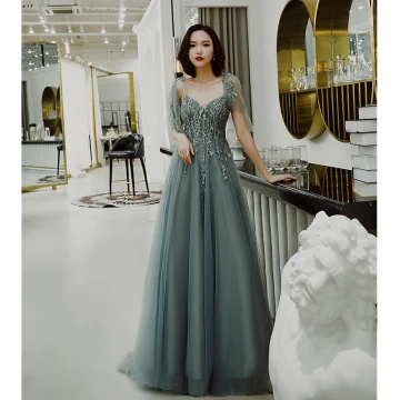 Chic Belle Vert Jade Robe De Soirée 2019 Princesse Bretelles Spaghetti Noeud Perlage En Dentelle Fleur Sans Manches Dos Nu Train De Balayage Robe De Ceremonie