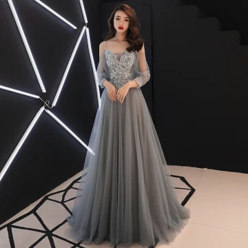 Elegant Grey Evening Dresses 2019 A Line Princess Spaghetti Straps Appliques Lace Flower Pearl Long Sleeve Backless Floor Length Long Formal Dresses