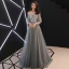 Elegant Grey Evening Dresses  2019 A-Line / Princess Spaghetti Straps Appliques Lace Flower Pearl Long Sleeve Backless Floor-Length / Long Formal Dresses