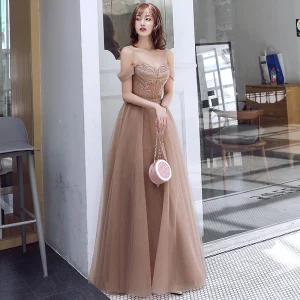 Chic Beautiful Brown Evening Dresses 2019 A Line Princess Spaghetti Straps Beading Sequins Sleeveless Backless Floor Length Long Formal Dresses