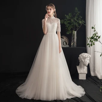 Chic Belle Champagne Robe De Mariée 2019 Princesse Col Haut Perlage Paillettes Perle En Dentelle Fleur Manches Courtes Dos Nu Train De Balayage