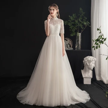 Chic Beautiful Champagne Wedding Dresses 2019 A Line Princess High Neck Beading Sequins Pearl Lace Flower Short Sleeve Backless Sweep Train