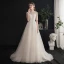 Chic / Belle Champagne Robe De Mariée 2019 Princesse Col Haut Perlage Paillettes Perle En Dentelle Fleur Manches Courtes Dos Nu Train De Balayage