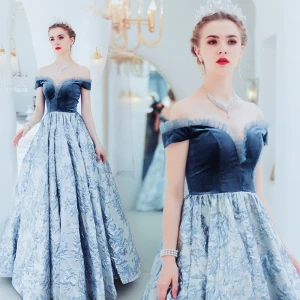 Elegant Ocean Blue Evening Dresses 2019 A Line Princess Suede Off The Shoulder Lace Flower Sleeveless Backless Floor Length Long Formal Dresses