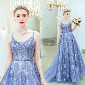 Chic Beautiful Ocean Blue Evening Dresses 2019 A Line Princess Spaghetti Straps Beading Crystal Lace Flower Sleeveless Backless Floor Length Long Formal Dresses
