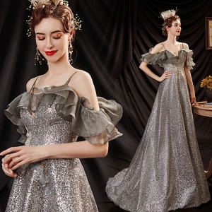 Sparkly Silver Glitter Sequins Prom Dresses 2021 A Line Princess Spaghetti Straps Lace Flower Short Sleeve Backless Sweep Train Formal Dresses