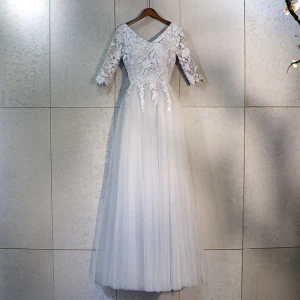 Chic Beautiful Grey Prom Dresses 2018 A Line Princess Lace Appliques V Neck Backless 1 2 Sleeves Ankle Length Formal Dresses