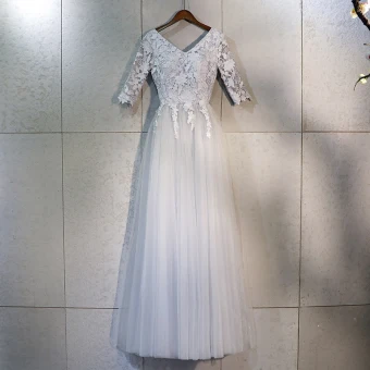 Chic Belle Gris Robe De Bal 2018 Princesse En Dentelle Appliques V Cou Dos Nu 1 2 Manches Longueur Cheville Robe De Ceremonie