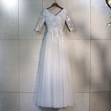 Chic Beautiful Grey Prom Dresses 2018 A Line Princess Lace Appliques V Neck Backless 1 2 Sleeves Ankle Length Formal Dresses