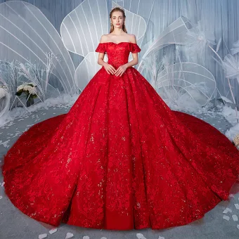 Stunning Red Wedding Dresses 2019 A Line Princess Off The Shoulder Beading Pearl Sequins Lace Flower Short Sleeve Backless Royal Train