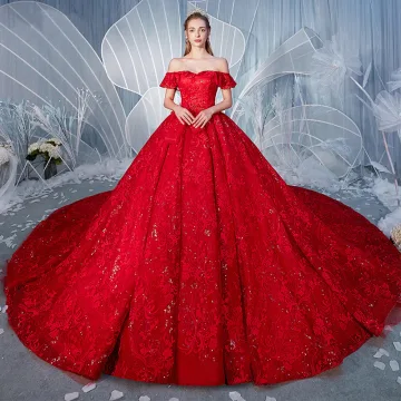 Stunning Red Wedding Dresses 2019 A Line Princess Off The Shoulder Beading Pearl Sequins Lace Flower Short Sleeve Backless Royal Train