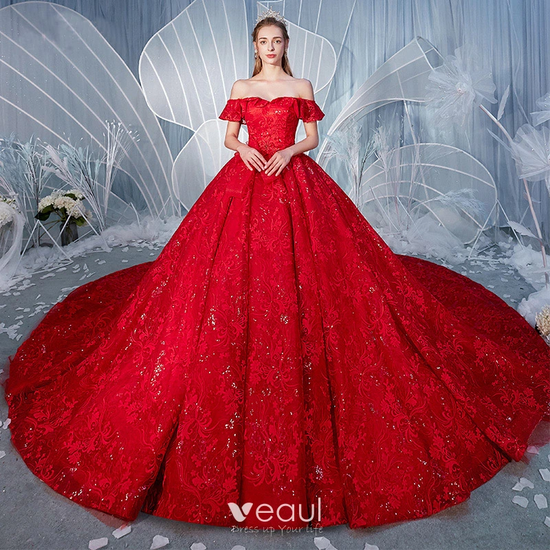 Etourdissant Rouge Robe De Mariee 2019 Princesse De l epaule Perlage Perle Paillettes En Dentelle Fleur Manches Courtes Dos Nu Royal Train