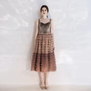 Chic Beautiful Brown Ruffle Homecoming Graduation Dresses 2019 A Line Princess Suede Spaghetti Straps Sleeveless Backless Tea Length Formal Dresses