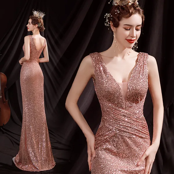 Sparkly Sexy Rose Gold Sequins Evening Dresses  2021 Trumpet / Mermaid V-Neck Sleeveless Backless Floor-Length / Long Formal Dresses