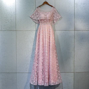 Chic Belle Rougissant Rose Robe De Bal 2018 Princesse En Dentelle Fleur Cristal Faux Diamant Encolure Dégagée Dos Nu Manches Courtes Longueur Cheville Robe De Ceremonie