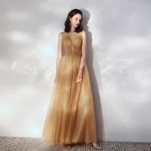 Classy Gold Evening Dresses 2019 A Line Princess Ruffle Scoop Neck Beading Lace Flower Appliques Sleeveless Floor Length Long Formal Dresses