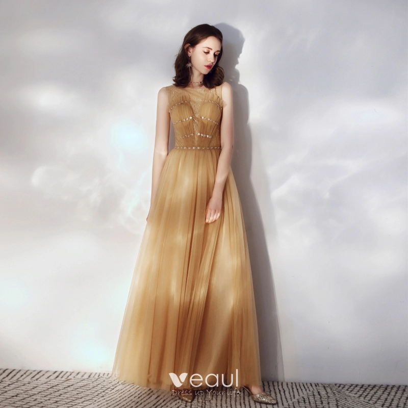 Classy Gold Evening Dresses 2019 A-Line / Princess Ruffle Scoop Neck Beading Lace Flower Appliques Sleeveless Floor-Length / Long Formal Dresses