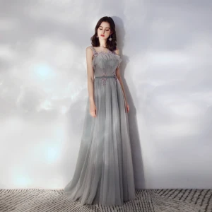 Elegant Grey Evening Dresses 2019 A Line Princess Ruffle Scoop Neck Beading Lace Flower Sleeveless Backless Floor Length Long Formal Dresses
