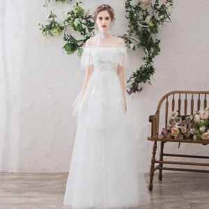 Light White Beach Wedding Dresses 2019 A Line Princess Off The Shoulder Pearl Lace Flower Appliques Short Sleeve Backless Floor Length Long