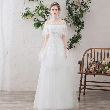 Light White Beach Wedding Dresses 2019 A Line Princess Off The Shoulder Pearl Lace Flower Appliques Short Sleeve Backless Floor Length Long