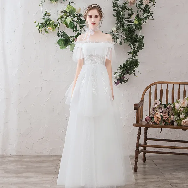 Light White Beach Wedding Dresses 2019 A-Line / Princess Off-The-Shoulder Pearl Lace Flower Appliques Short Sleeve Backless Floor-Length / Long