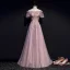 Style Victorien Rougissant Rose Robe De Soirée 2019 Princesse Volants De l'épaule Perlage En Dentelle Fleur Manches Courtes Dos Nu Longue Robe De Ceremonie