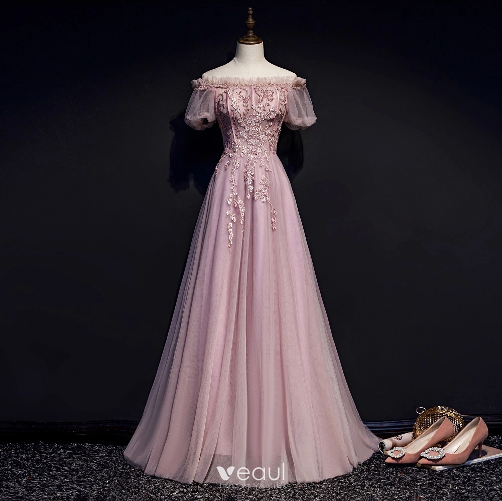 blush pink off shoulder ruffle evening dress with sleeves Terani Couture 252M5324 Ruffle Long Mermaid Formal Evening Dress
