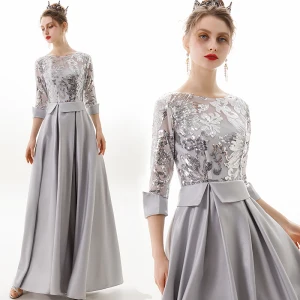 Moderne Mode Argenté Robe De Soirée 2019 Princesse Encolure Dégagée Paillettes 3 4 Manches Dos Nu Longue Robe De Ceremonie