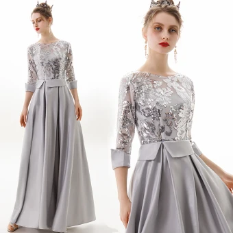 Modern Fashion Silver Evening Dresses 2019 A Line Princess Scoop Neck Sequins 3 4 Sleeve Backless Floor Length Long Formal Dresses