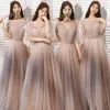 Modest / Simple Blushing Pink Sequins Bridesmaid Dresses A-Line / Princess 2021 V-Neck Short Sleeve Backless Floor-Length / Long Wedding Party Dresses