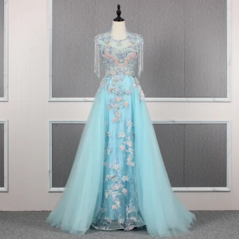 Haut De Gamme Bleu Fait Main Perlage Robe De Soirée 2019 Princesse Encolure Carrée Cristal Gland Perle Faux Diamant Paillettes En Dentelle Fleur Appliques Sans Manches Train De Balayage Robe De Ceremonie
