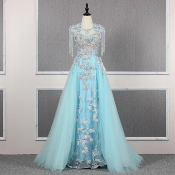 High End Pool Blue Handmade Beading Evening Dresses 2019 A Line Princess Square Neckline Crystal Tassel Pearl Rhinestone Sequins Lace Flower Appliques Sleeveless Sweep Train Formal Dresses
