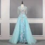 High End Blau Handgefertigt Perlenstickerei Abendkleider 2019 A Linie Eckiger Ausschnitt Kristall Quaste Perle Strass Pailletten Spitze Blumen Applikationen Ärmellos Sweep / Pinsel Zug Festliche Kleider