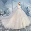 Charming Champagne Wedding Dresses 2019 A-Line / Princess V-Neck Beading Rhinestone Lace Flower Long Sleeve Backless Royal Train
