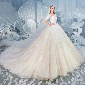 Chic Belle Champagne Robe De Mariée 2019 Princesse Encolure Dégagée Perlage Gland Perle En Dentelle Fleur Appliques Faux Diamant 1 2 Manches Dos Nu Cathedral Train