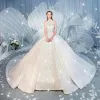 Charming White Wedding Dresses 2019 Ball Gown High Neck Beading Sequins Lace Flower Sleeveless Backless Royal Train