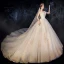 High-end Champagne Wedding Dresses 2019 A-Line / Princess Spaghetti Straps Ruffle Beading Sequins Lace Flower Sleeveless Backless Chapel Train