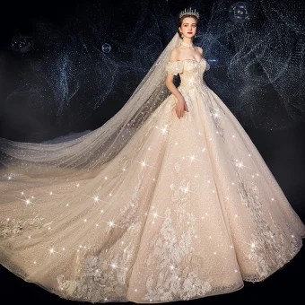 Luxury Gorgeous Victorian Style Champagne Wedding Dresses 2019 A Line Princess Off The Shoulder Rhinestone Sequins Lace Flower Short Sleeve Backless Royal Train