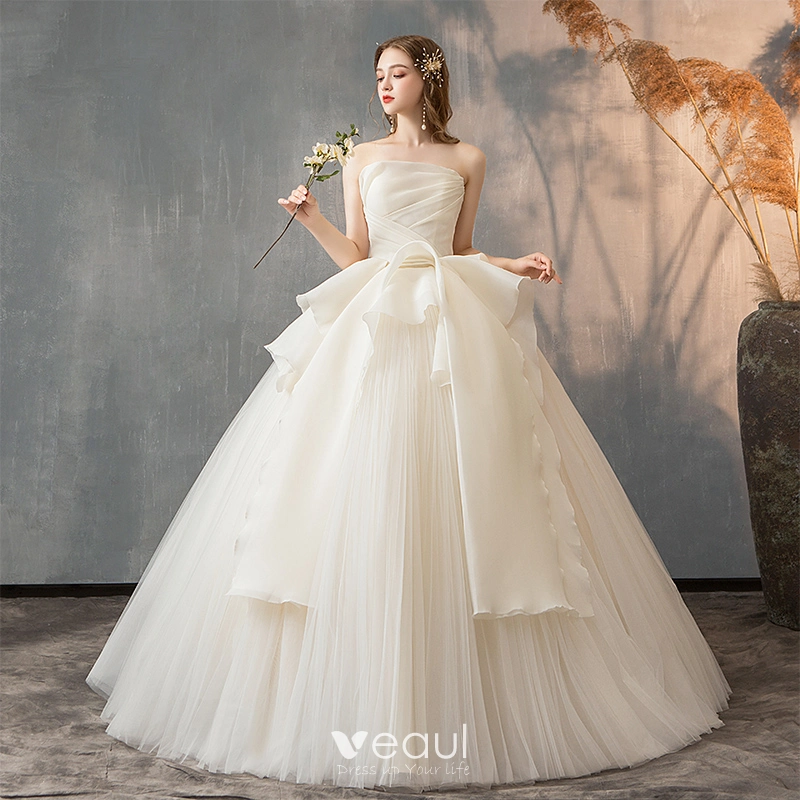 Elegant Couleur Unie Ivoire Robe De Mariee 2019 Princesse Bustier Sans Manches Dos Nu Volants Longue