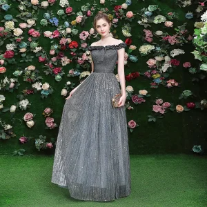 Sparkly Grey Evening Dresses 2019 A Line Princess Off The Shoulder Sequins Sleeveless Backless Floor Length Long Formal Dresses