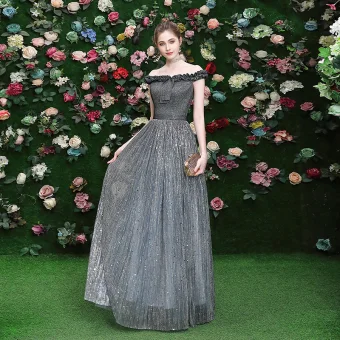 Scintillantes Gris Robe De Soirée 2019 Princesse De L 039 Épaule Paillettes Sans Manches Dos Nu Longue Robe De Ceremonie