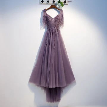 Chic Beautiful Grape Evening Dresses 2019 A Line Princess Spaghetti Straps Beading Crystal Lace Flower Short Sleeve Backless Asymmetrical Formal Dresses