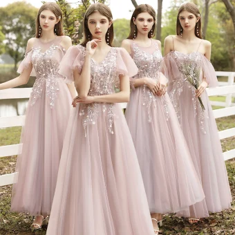Mode Rougissant Rose Robe Demoiselle D Honneur 2021 Princesse Encolure Dégagée En Dentelle Fleur Appliques Manches Courtes Dos Nu Longue Robe Pour Mariage