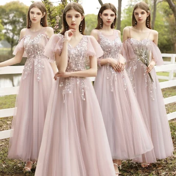 Fashion Blushing Pink Bridesmaid Dresses 2021 A Line Princess Scoop Neck Lace Flower Appliques Short Sleeve Backless Floor Length Long Wedding Party Dresses
