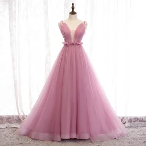 Chic Beautiful Candy Pink Evening Dresses A Line Princess 2019 Ruffle Spaghetti Straps Bow Sleeveless Backless Court Train Formal Dresses