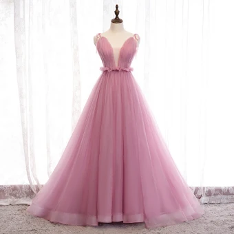 Chic Belle Rose Bonbon Robe De Soirée Princesse 2019 Volants Bretelles Spaghetti Noeud Sans Manches Dos Nu Tribunal Train Robe De Ceremonie
