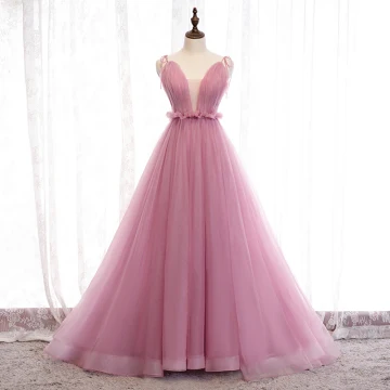 Schöne Pink Abendkleider A Linie 2019 Rüschen Spaghettiträger Schleife Ärmellos Rückenfreies Hof Schleppe Festliche Kleider
