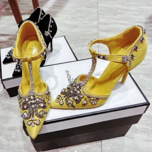 Chic Belle Jaune Soirée Chaussures Femmes 2019 Cristal Faux Diamant Daim T Strap 10 Cm Talons Aiguilles À Bout Pointu Talons Hauts