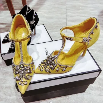Chic Belle Jaune Soirée Chaussures Femmes 2019 Cristal Faux Diamant Daim T Strap 10 Cm Talons Aiguilles À Bout Pointu Talons Hauts